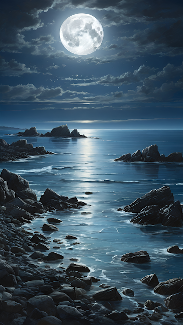 Full Moon Night Seascape Rocky Shore Moonlight Path