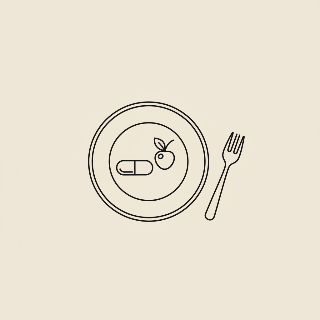 Minimalist line illustration of a plate with a capsule, small berry, and a fork on beige background — best supplement to get rid of belly fat