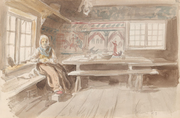 Interiør med sittende kvinne Dalarna 1852