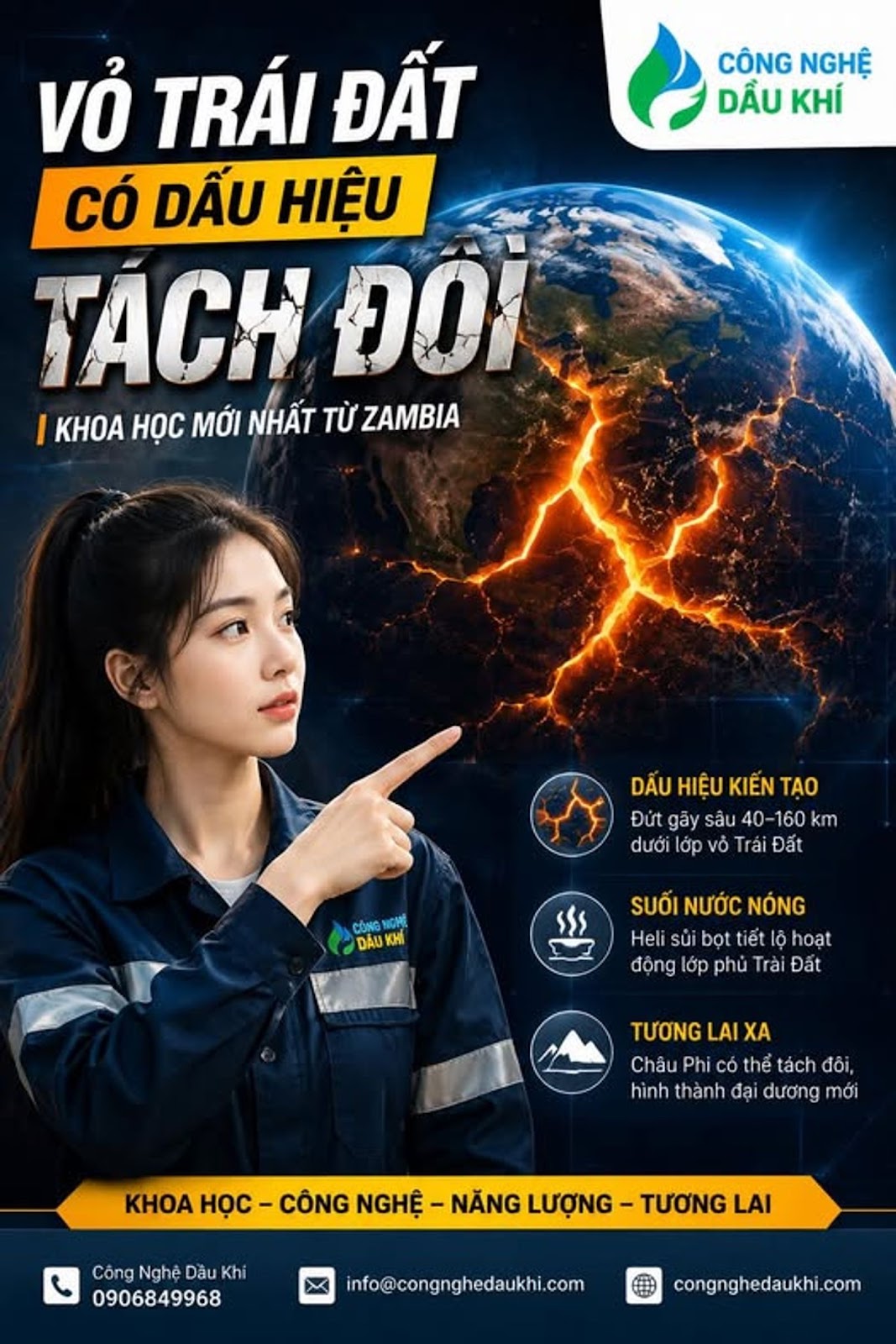Có thể là hình ảnh về văn bản cho biết 'CÔNG NGHỆ DẦU KHÍ VỎ TRÁI ĐẤT CÓ DẤU HIỆU TACH ĐOI I KHOA HOC Μά NHẤT TỪ ZAMBIA DẪU HIÊU KIẾN TẠO Đứt gấy sâu 40-160 km dưới lớp vỏ Trái TráiĐất Đất CÓNG 味 DẦU KH SSS SUỐI NƯỚC NÓNG Heli sủi bọt tiết hoạt động lớp phủ Trài Đất TƯƠNGLAI LAI XA Châu Phi cό thể tách đôi, hình thành đại dương mới KHO HỌC Công Nghệ Dầu Khí 0906849968 CÔNG NGHỆ -NĂNG LƯỢNG- -TƯƠNG LAI nfo@congnghedaukhi.com congnghedaukhi.com'
