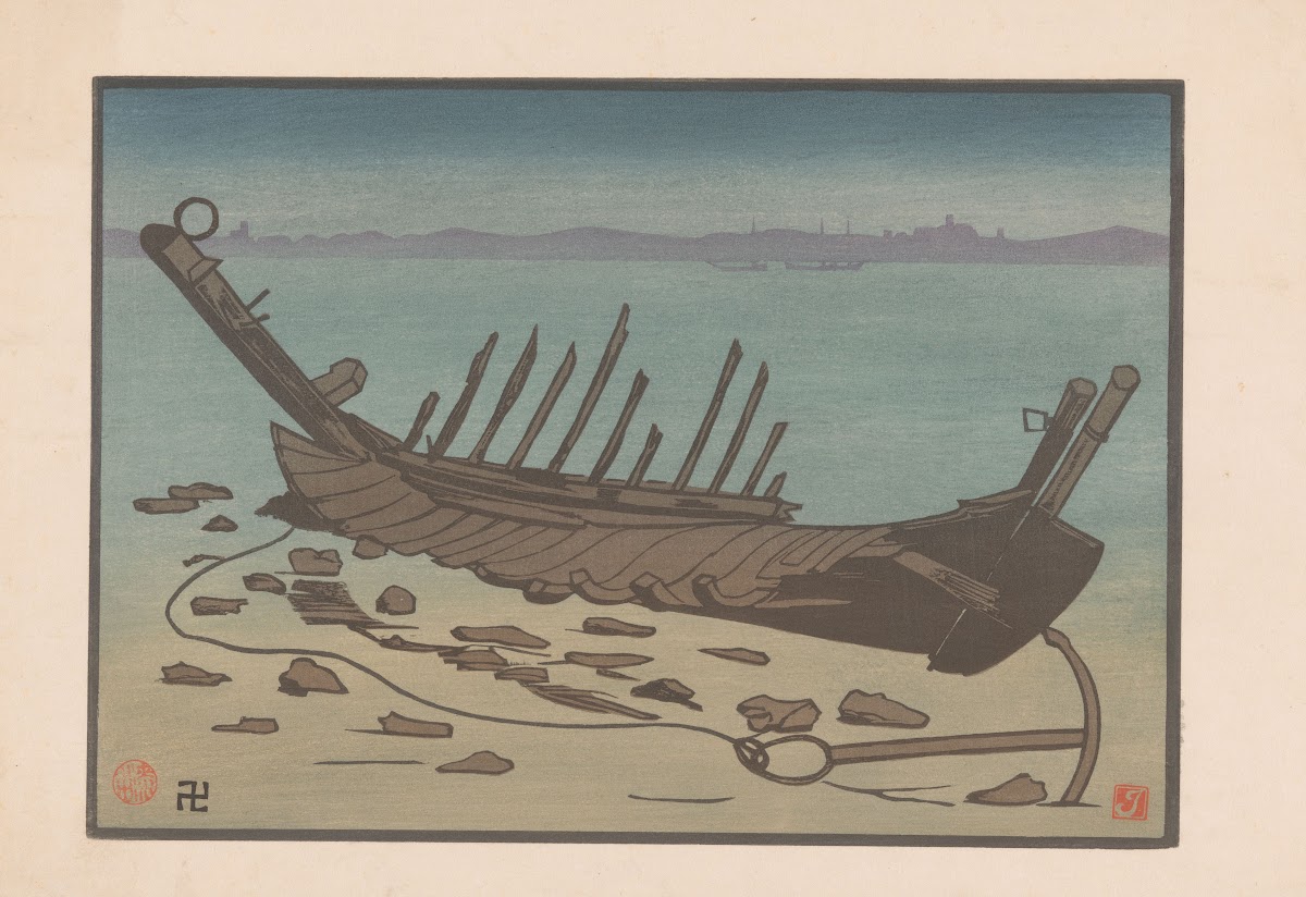Wreck of rowing boat on beach in Cancale 1912