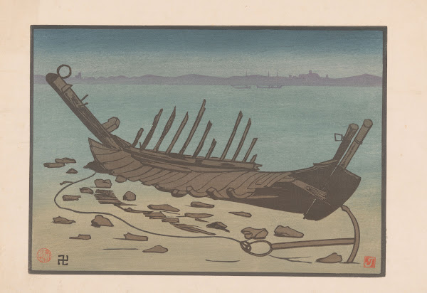 Wreck of rowing boat on beach in Cancale 1912