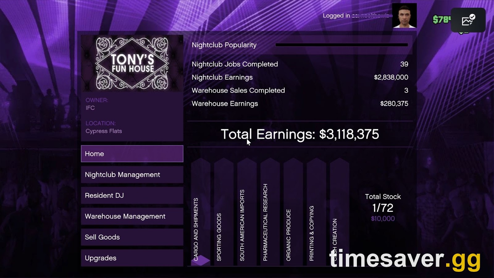 GTA Online nightclub earnings screen showing over $3.1 million in accrued business income