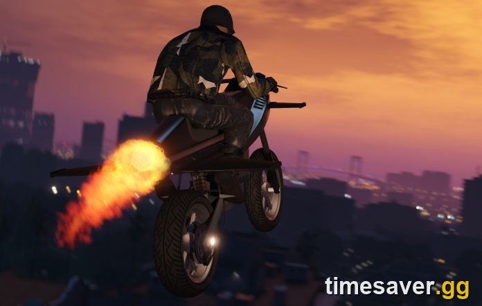 GTA Online player on a rocket-powered motorcycle flying over Los Santos at sunset — the current online mode confirmed to continue after GTA 6