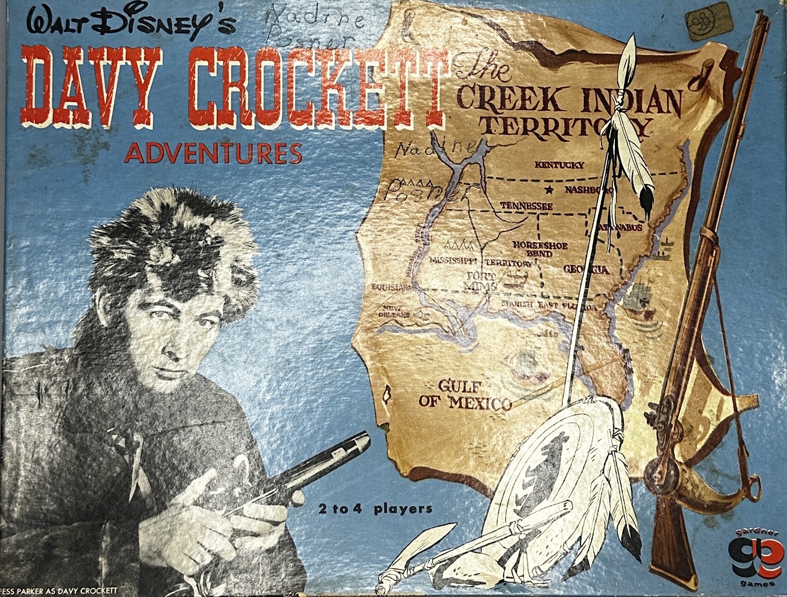 Walt Disney's Davy Crockett Adventures - The Creek Indian Territory board game by Gardner Games, 1955-1956, with a photographic image of Fess Parker as Davy Crockett