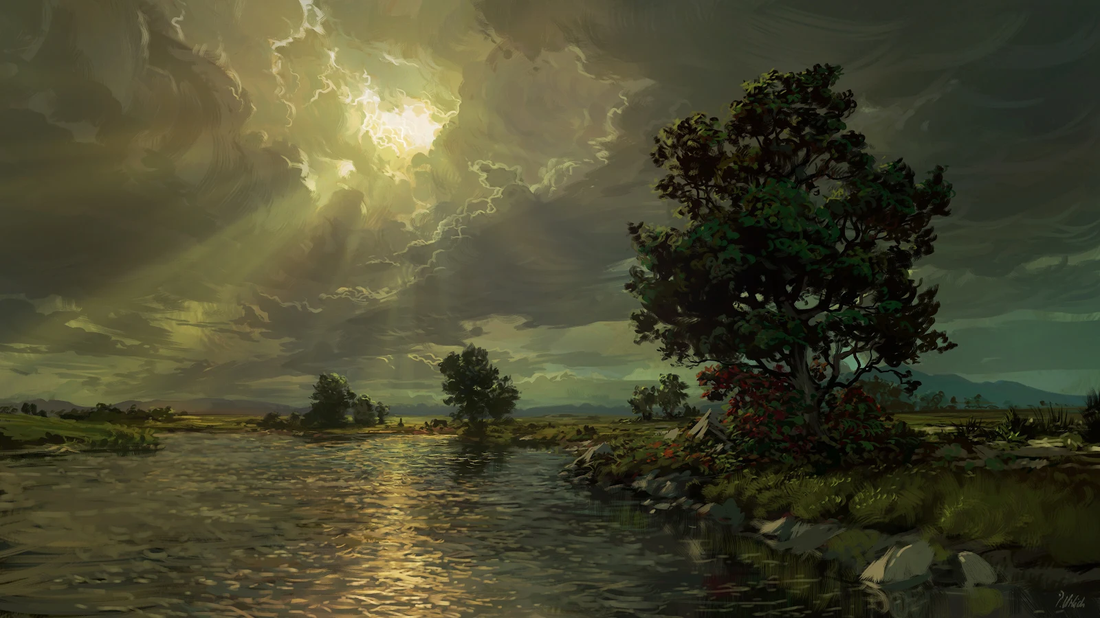 River, Landscape, Artwork, Painting 4K Desktop Wallpaper