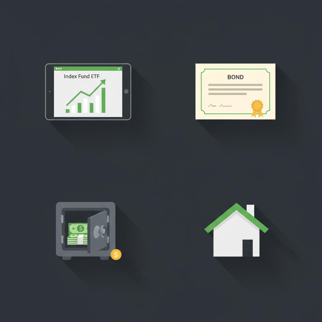 Vector flat lay of a tablet with index fund ETF chart a bond certificate a small safe with cash and a house figurine on dark background illustrating types of investments