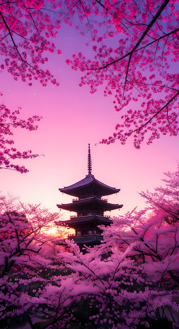 Pink Sakura Sunset Framing a Traditional Japanese Pagoda - Free mobile Wallpaper