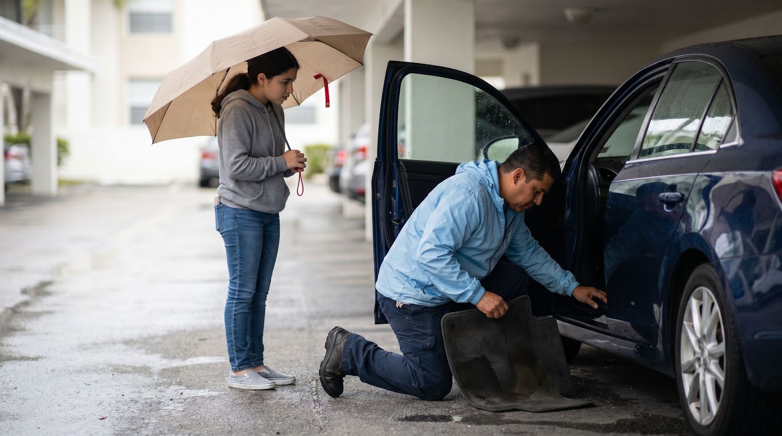 Padre e hija hispanos revisan daños por agua en un auto tras la lluvia para explicar el deducible seguro auto huracan florida