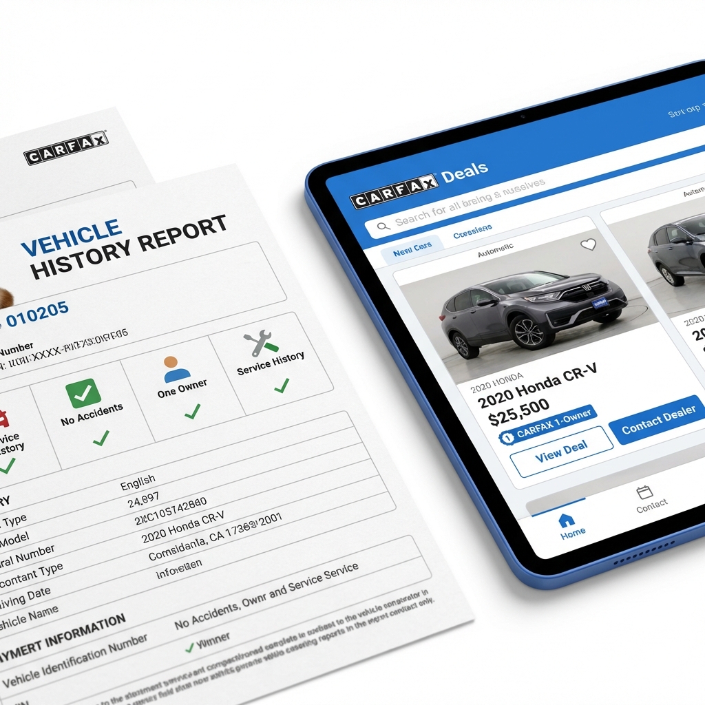 Close up vehicle history report and tablet displaying a CARFAX Deals listing on white background with blue accents why dealers not use KBB