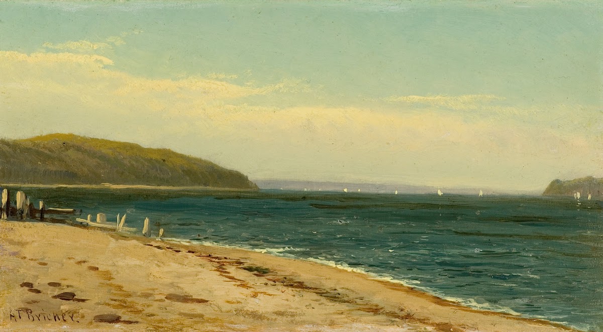 Beach and Bay with Sailboats