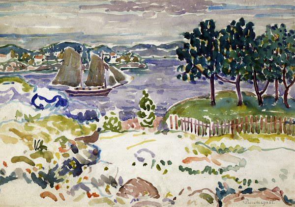 Inlet with Sailboat Maine ca 1913 1915