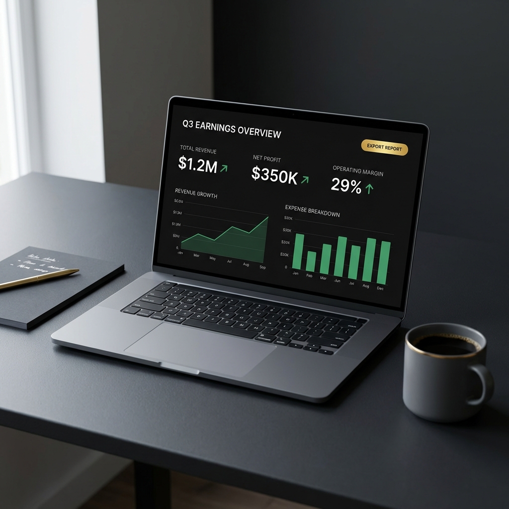 Minimalist dark workspace with laptop showing a clean earnings dashboard with green highlights and gold accent illustrating how to make passive income online