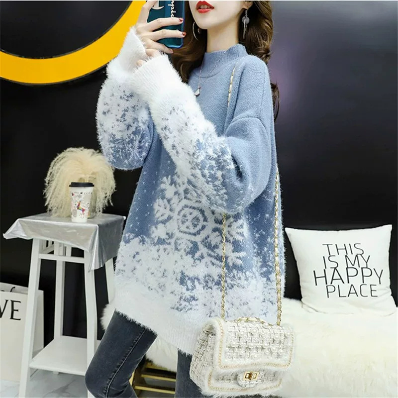 Knitted sweater with stand-up collar, snowflake pattern