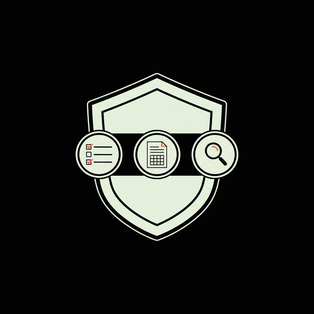 Minimal 2D vector infographic with a central shield and three badge icons (checkmark, document template, magnifier) illustrating consent, templates, monitoring for WhatsApp Business suspension.