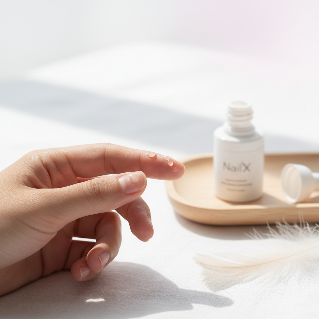 Nahaufnahme einer Hand auf weißem Leinen mit Nagelhautöl‑Tropfen und offener unlabeled NailX‑Ölflasche, dezenter Pastellunterton #f57fb6 — Pflege für brüchige Nägel