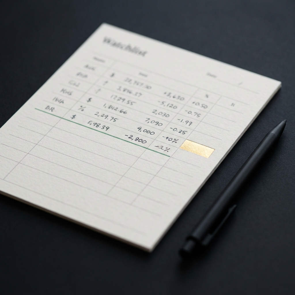 Close up paper watchlist and pen on dark charcoal background with green accent line and gold highlight representing best beginner stocks