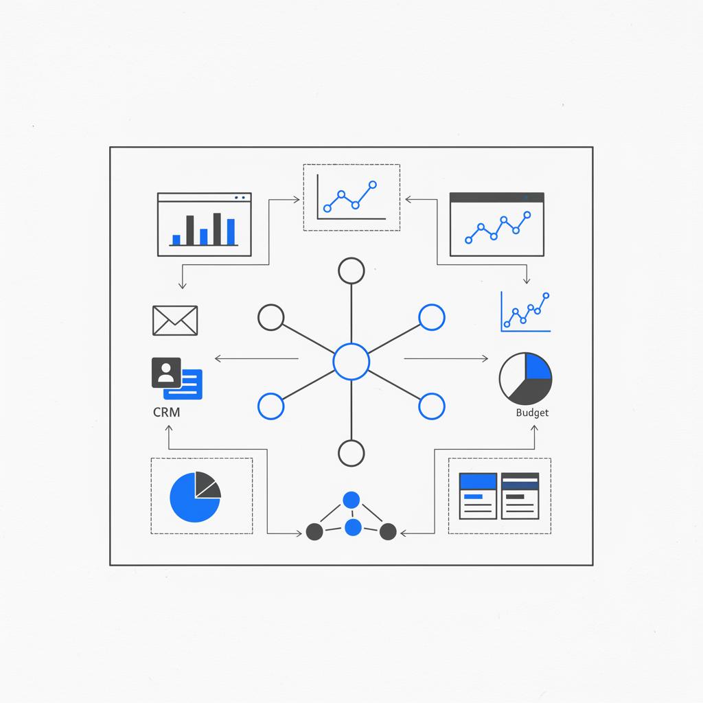 Minimalist 2D vector notebook-style diagram for M5 strategy branding: central five-point framework surrounded by KPI modules, small charts and icons for email, CRM, and site analytics.