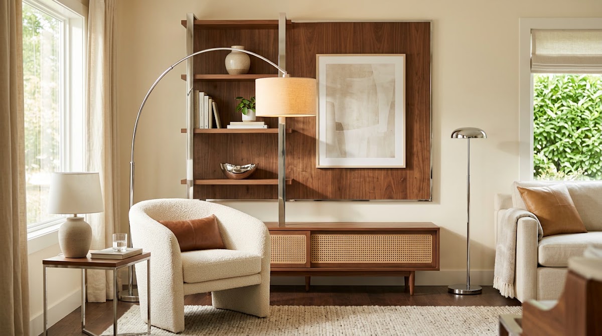 How to Balance Chrome and Walnut for a Warm Modern Living Room - sculptural chrome lamp with warm wood bookshelf and chair