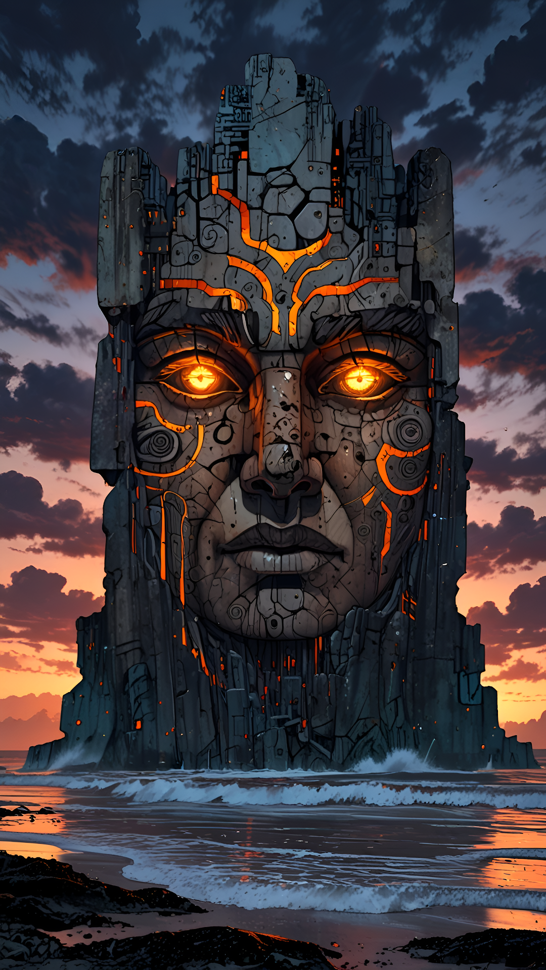 Ancient Stone Colossus Statue with Glowing Magma Eyes - Free 4K mobile Wallpaper