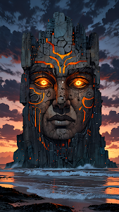 Ancient Stone Colossus Statue with Glowing Magma Eyes