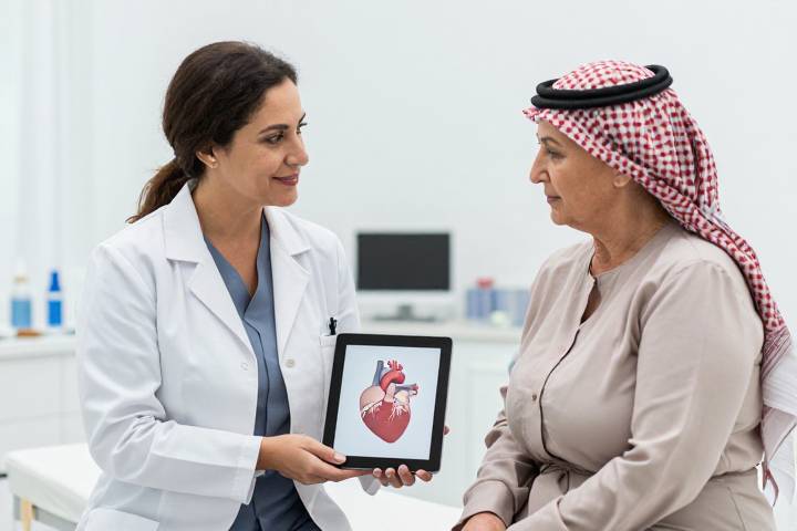 طبيبة عربية تشرح للمريضة في العيادة