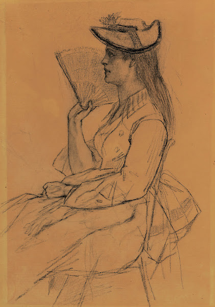 Femme assise de profil à léventail
