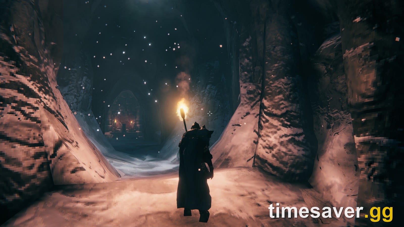 Torch-lit Frost Cave interior in Valheim where Frostcore and Ice are found