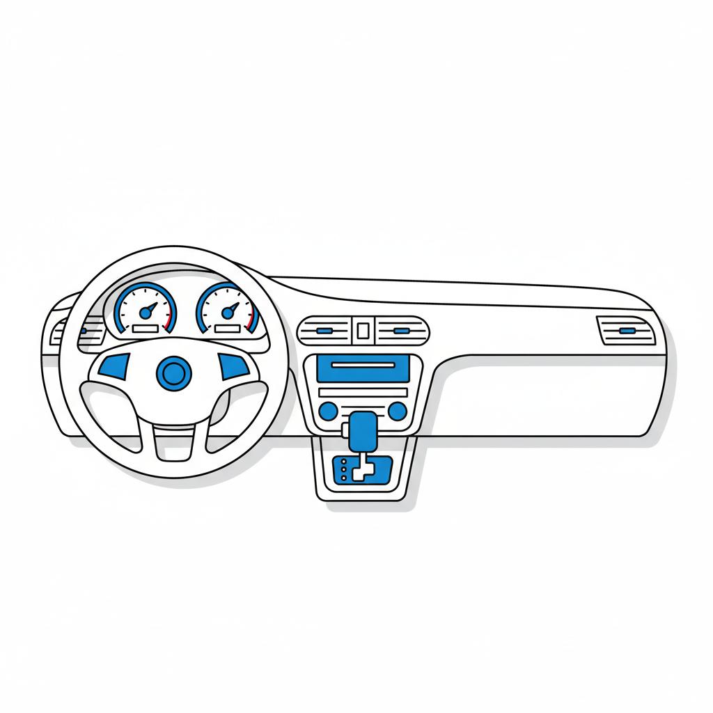 Minimalist 2D vector interior showing instrument cluster and gear shifter mazda cx 5 for sale in CarFax blue and white color palette