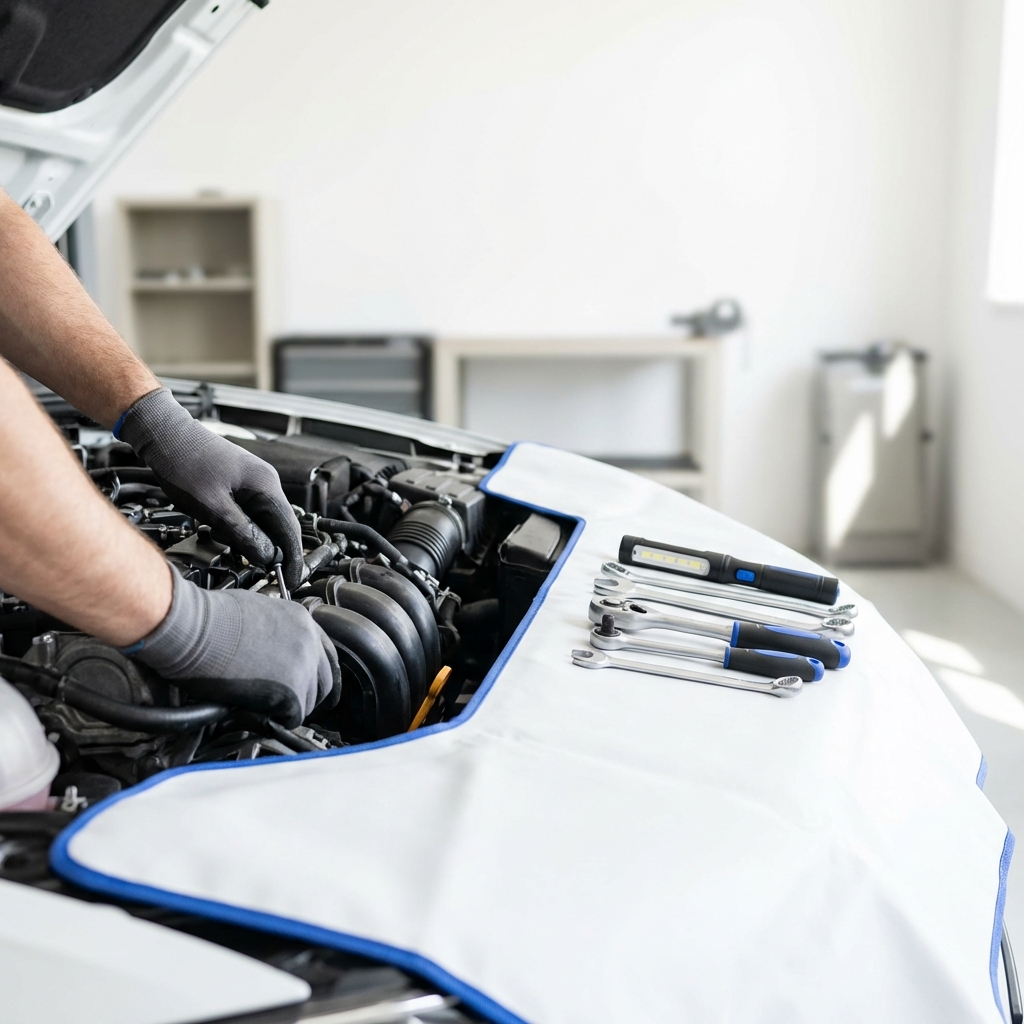 Close up of mechanic hands inspecting an engine bay with tools on a clean mat in a bright workshop, CarFax Deals accent visible is kia still owned by hyundai