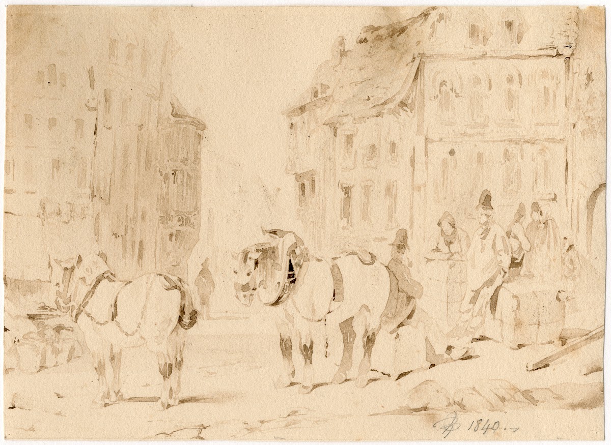 Vrachtpaarden op een Duits marktplein 1840