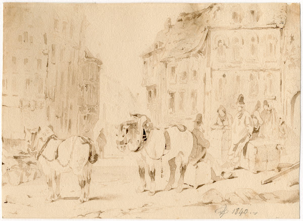 Vrachtpaarden op een Duits marktplein 1840
