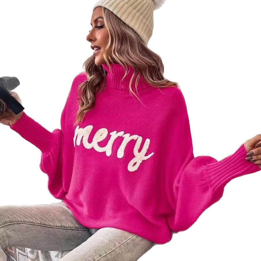 Women's knitted sweater with stand-up collar and embroidery