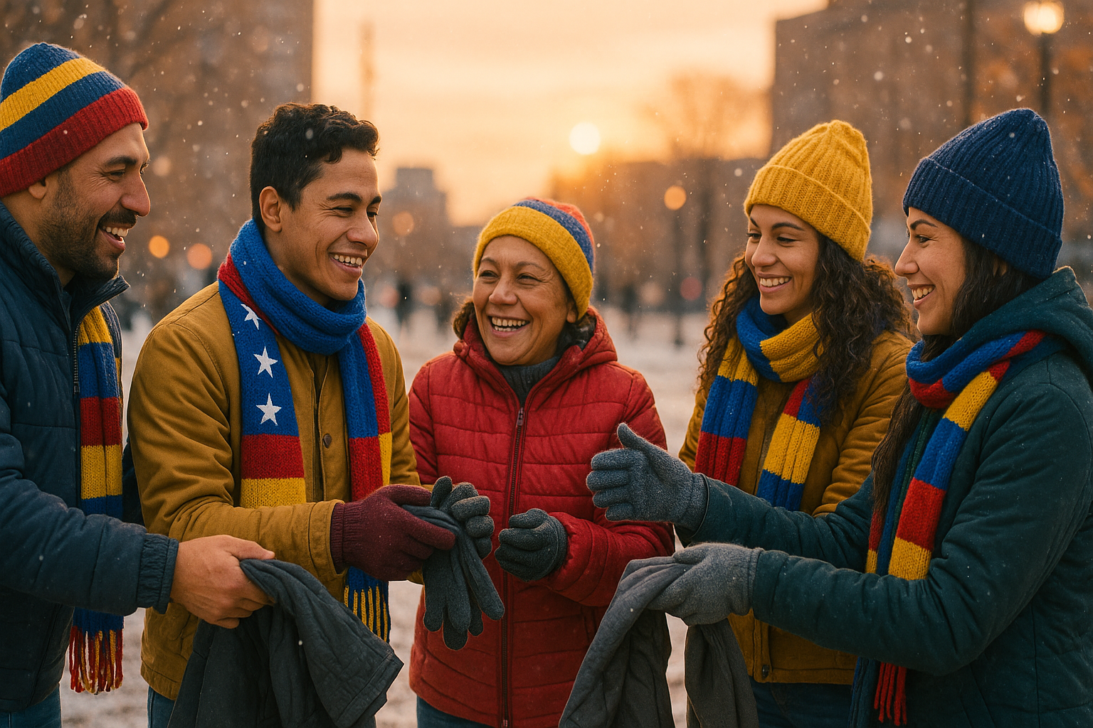 Venezolanos en el exterior intercambian abrigos en una plaza invernal con sonrisas y solidaridad