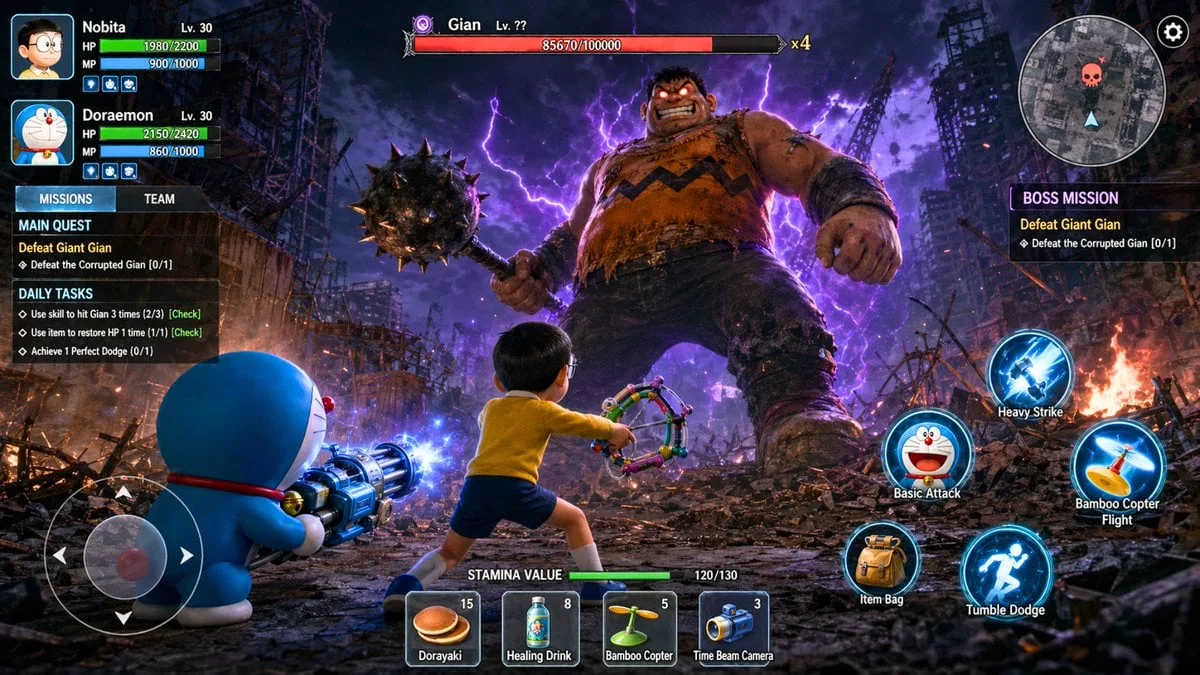 Captura de pantalla de alta resolución y fotorrealista de un juego móvil de rol de acción en 3D que muestra una batalla épica protagonizada por Doraemon...