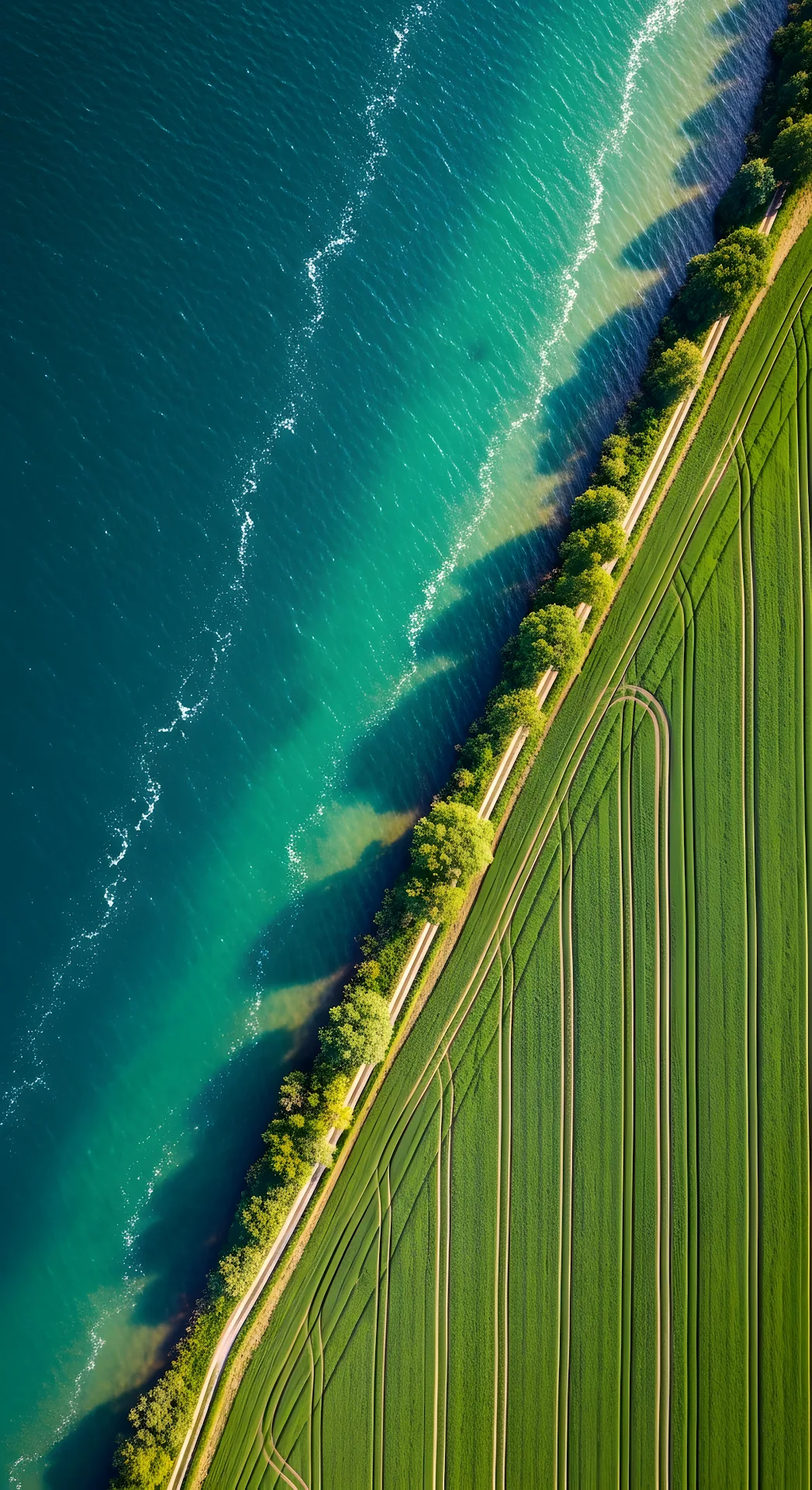 Aerial Top-Down View of Vibrant Green Field Meeting Deep Blue Water Shoreline - Free 4K mobile Wallpaper