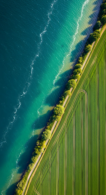 Aerial Top-Down View of Vibrant Green Field Meeting Deep Blue Water Shoreline - Free mobile Wallpaper