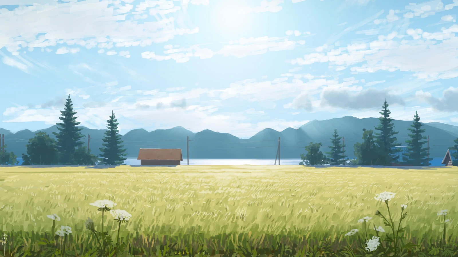 Scenic Sunny Meadow Landscape - Digital Painting 4K Wallpaper (3840x2160)
