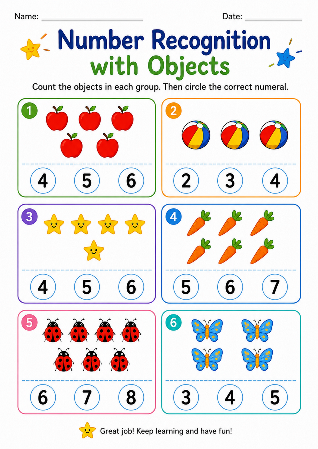 Number Recognition with Objects Worksheet