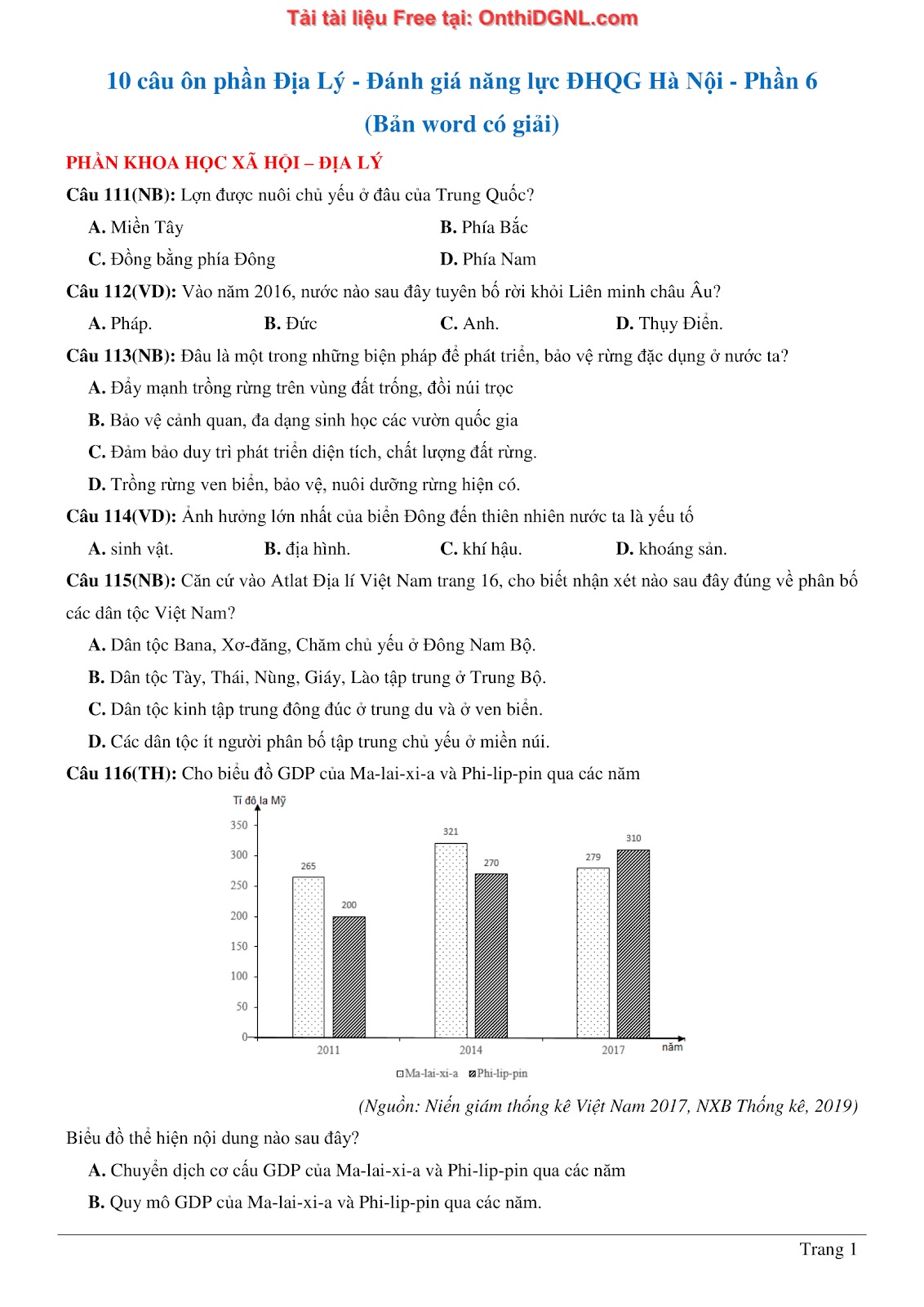 150bài tập môn Địa Lý - Ôn thi ĐGNL ĐHQG TP hà nội Phần 6