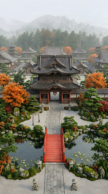 Symmetrical 3D Render of a Traditional Japanese Temple and Red Bridge in Autumn - Free mobile Wallpaper