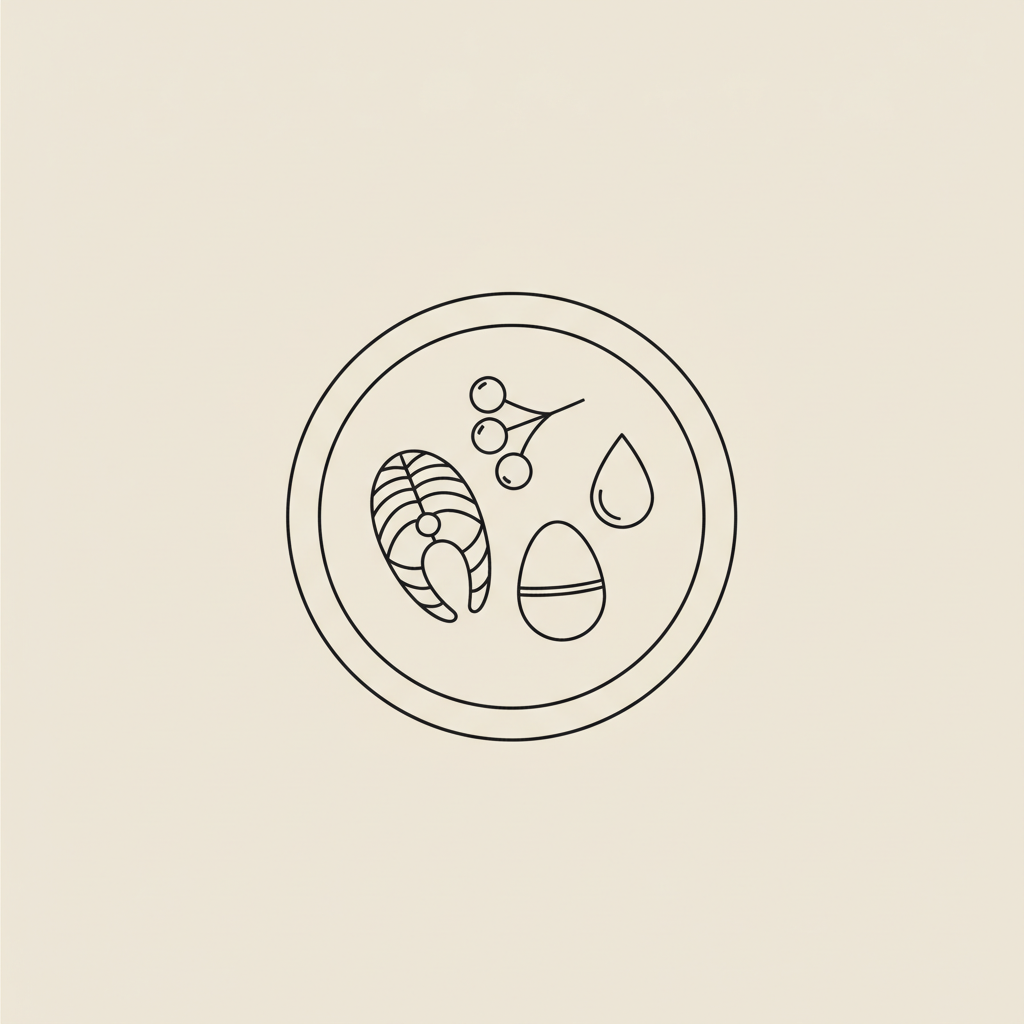 Minimalist line illustration of a balanced plate with fish fillet, berries, egg, capsule and water droplet on beige background for a 7-day weight loss plan.