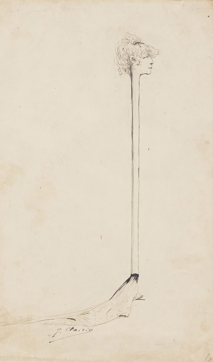 A caricature of Sarah Bernhardtas a stick with a little sponge above her head