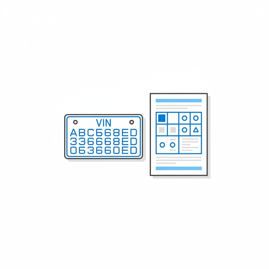 Minimalist vector close up of a VIN plate beside a printed vehicle history report on white background in CarFax Deals blue styling for toyota hilux for sale