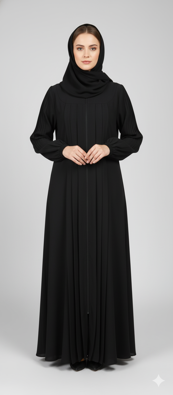 Abaya with Zipper Front Pleated - Modest Tailored Dress with Pocket