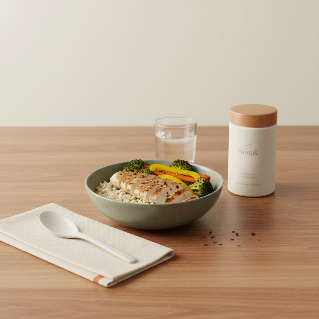 Minimalist bowl with lean protein, whole grains and vegetables beside a Tonum Motus bottle on a wooden table, neutral soft lighting — 40-40-20 macros