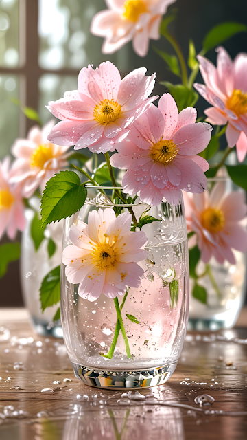 Delicate Pink Flowers in Glass Vases, Sparkling Water Drops