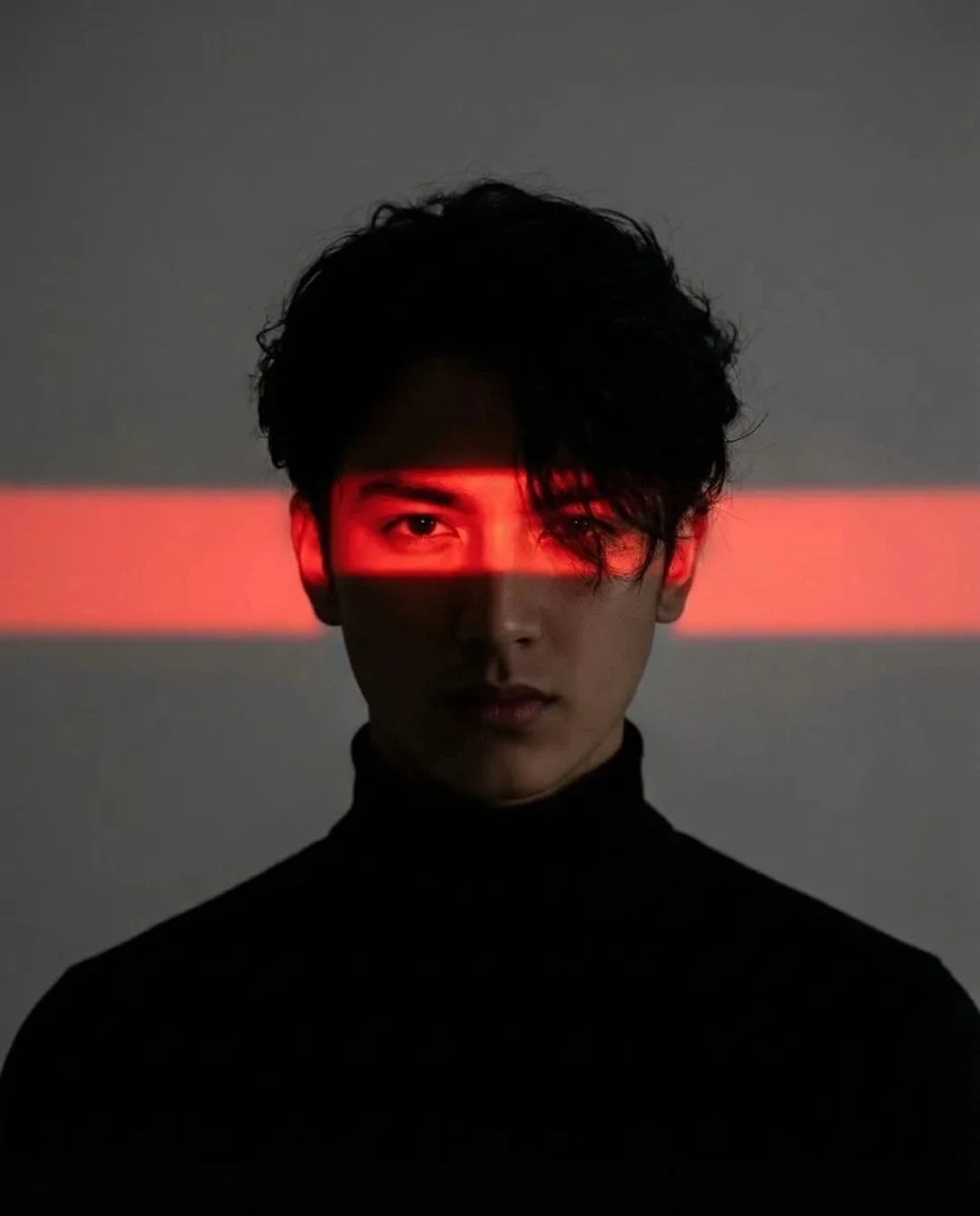 Retrato cinematográfico de estudio de un joven con cabello despeinado y texturizado, que lleva un jersey de cuello alto negro, centrado...