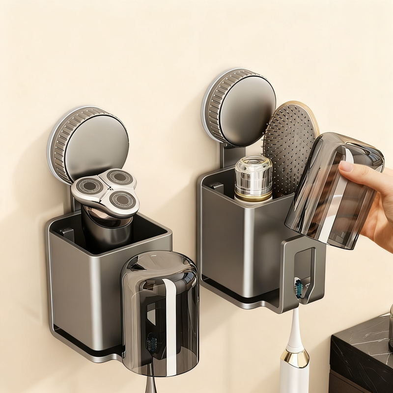 Toothbrush holder with suction cup, metal, wall-mounted