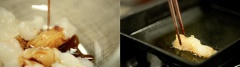 Thịt cá phi lê rửa sạch, để ráo, cắt miếng vừa ăn. Cho cá vào tô rồi thêm nước tương, rượu mirin vào trộn đều, để ướp cá 30 phút. Đun nóng chảo dầu, cho cá vào chiên vàng giòn và gắp ra dĩa.